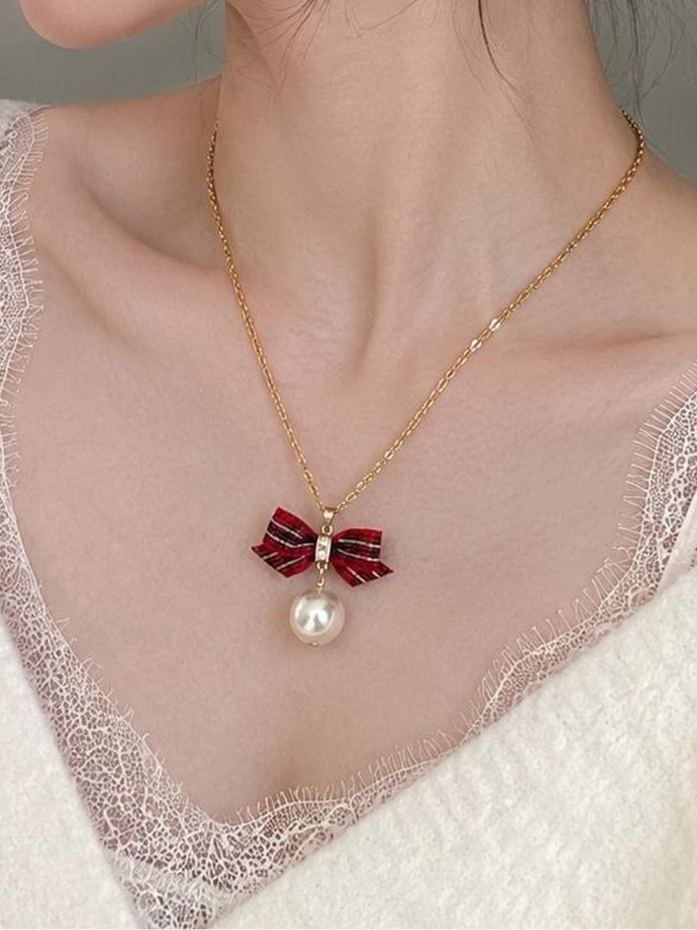 Charming Charlie Plaid Bow & Faux Pearl Necklace